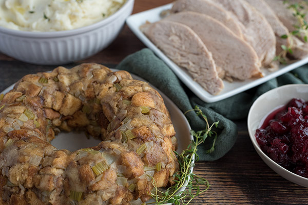 Instant Pot Thanksgiving recipes prepared, including Turkey, Stuffing, Mashed Potatoes, and Cranberry jelly