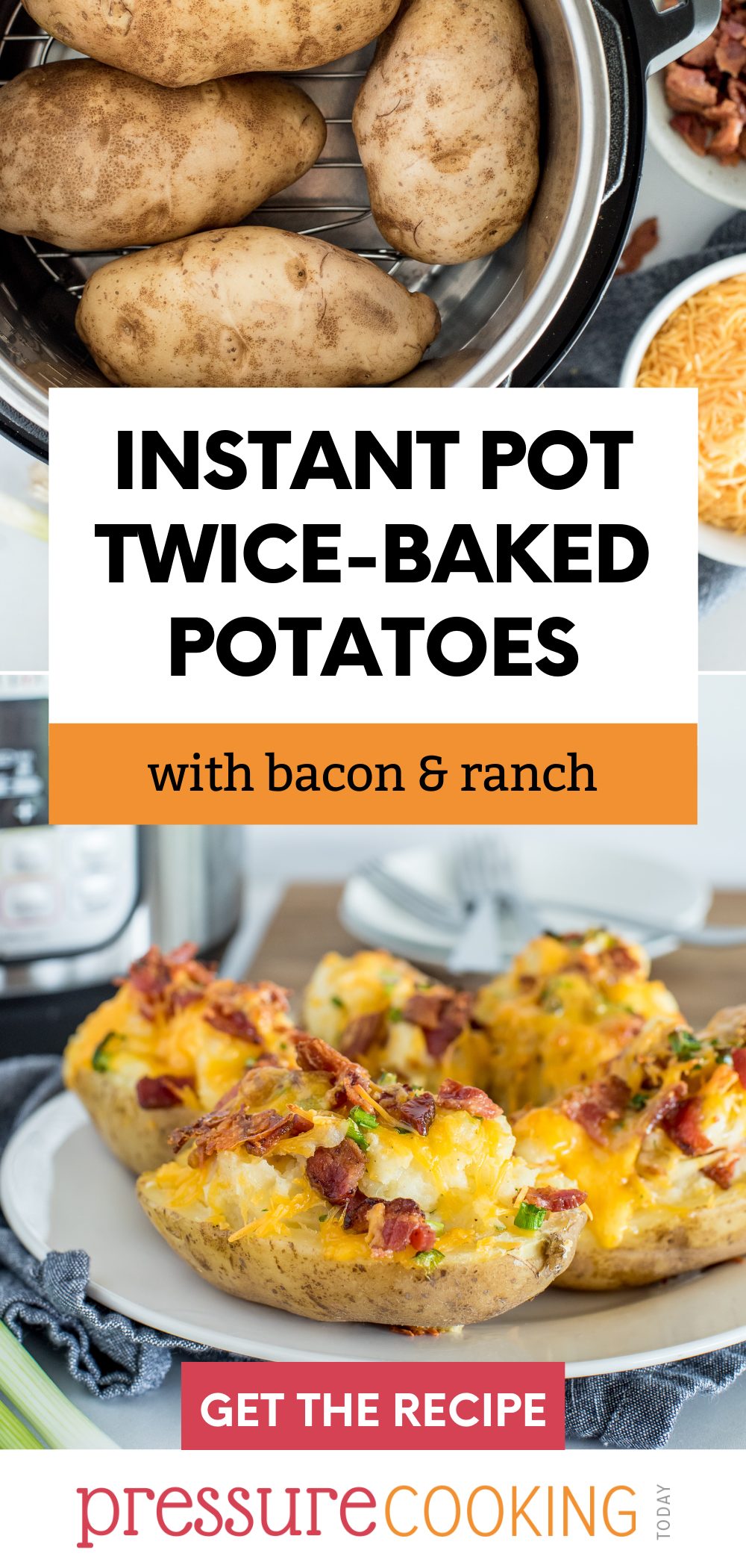 "Bake" your potatoes in your Instant Pot, then halve and smother them with ranch seasoning, cheese, and bacon, to make the BEST twice-baked potatoes ever. via @PressureCook2da