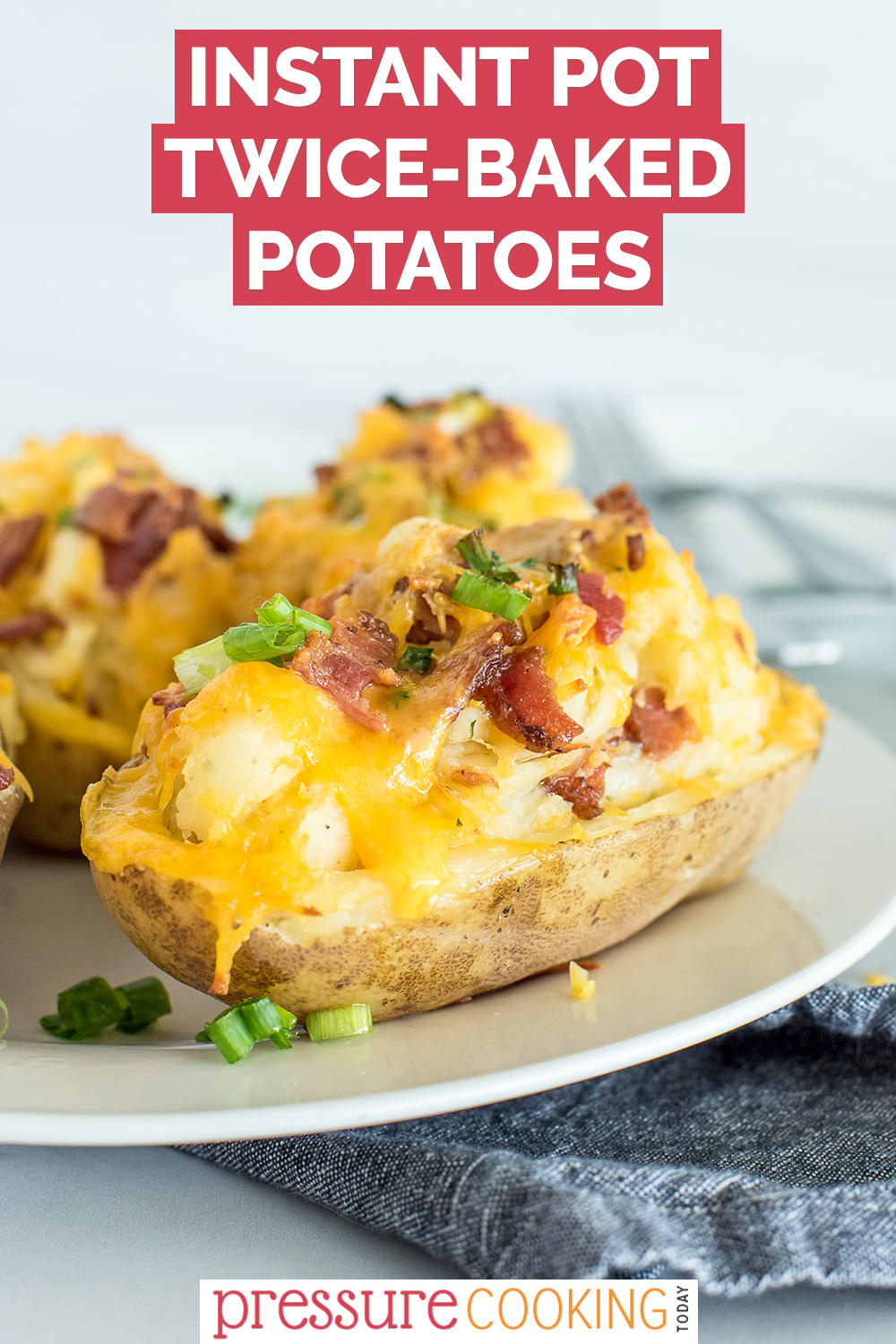 "Bake" your potatoes in your Instant Pot, then halve and smother them with ranch seasoning, cheese, and bacon, to make the BEST twice-baked potatoes ever. via @PressureCook2da