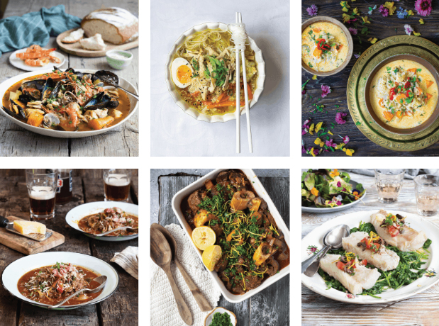 Collage of six different recipes included in No Thaw paleo Cooking Cookbook by Dr Karen Lee, including seafood, paella, soup, and noodles