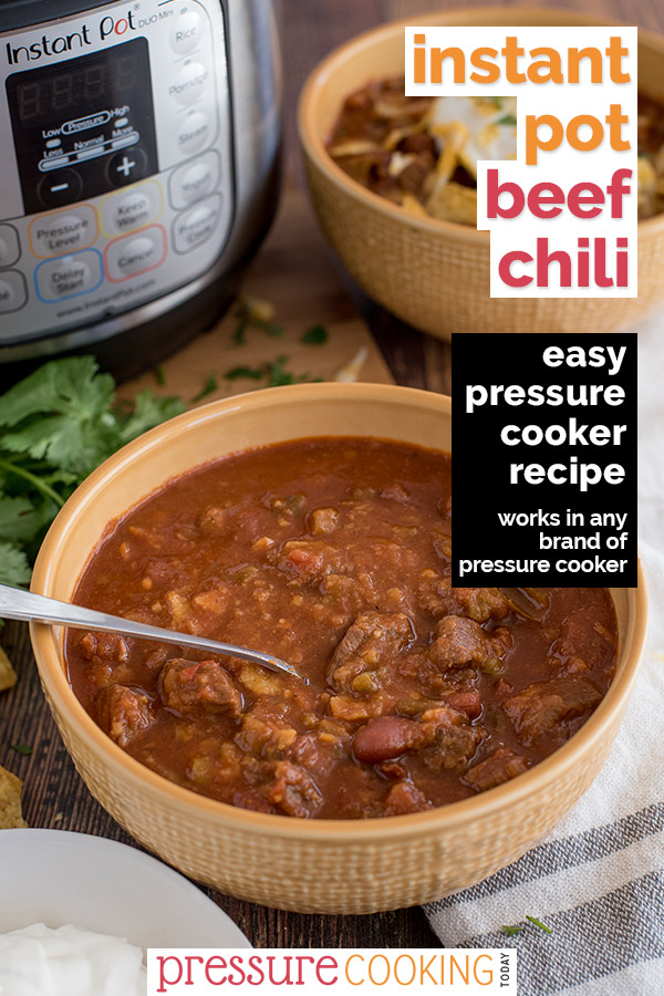 Pin It Now: Beef and Bean Instant Pot Chili, dished up in a yellow serving bowl with an Instant Pot in the background