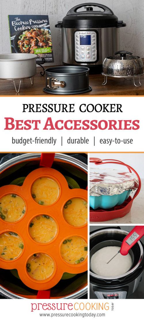 Pinterest Image for Pressure Cooking Today\'s recommended accessories, featuring a cake pan, sling, bundt pan, silicone egg bite tray, and Instant-read thermometer.