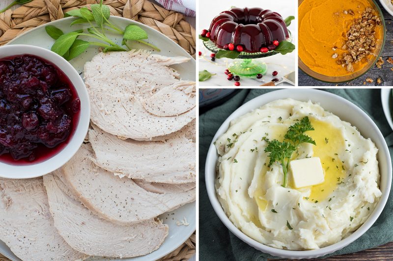 Collage featuring a large image of sliced turkey on the left, with a small image of cranberry jelly and sweet potato casserole on the top right, and mashed potatoes on the bottom right