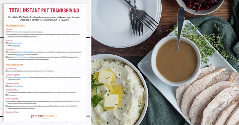 Image promoting the Thanksgiving Meal Planner Guides, featuring a one-page preview of the guide on the left and a picture of a Thanksgiving dinner with mashed potatoes, turkey, gravy, and cranberries on the right