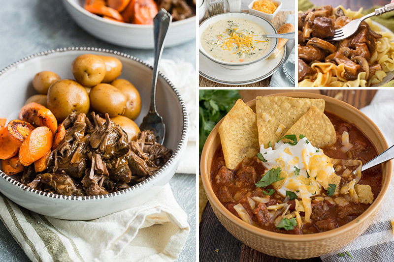 A picture collage of fall Instant Pot recipes including pot roast with potatoes and carrots, broccoli cheese soup, beef stroganoff, and a bowl of beef and bean chili topped with tortilla chips, sour cream, and shredded cheese.