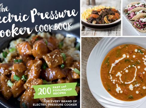 Four image collage, featuring the cover of the Electric Pressure Cooker Cookbook, a plated photo of Beef Bourgingon, Pork Carnitas, and Creamy Red Lentil Soup