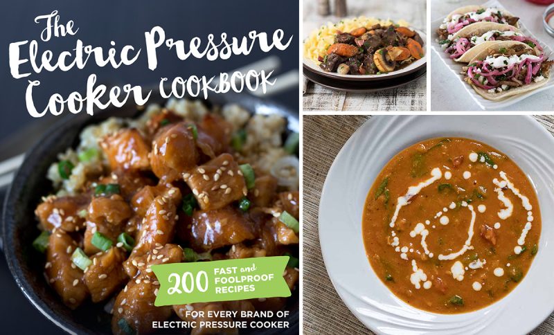 Four image collage, featuring the cover of the Electric Pressure Cooker Cookbook, a plated photo of Beef Bourgingon, Pork Carnitas, and Creamy Red Lentil Soup