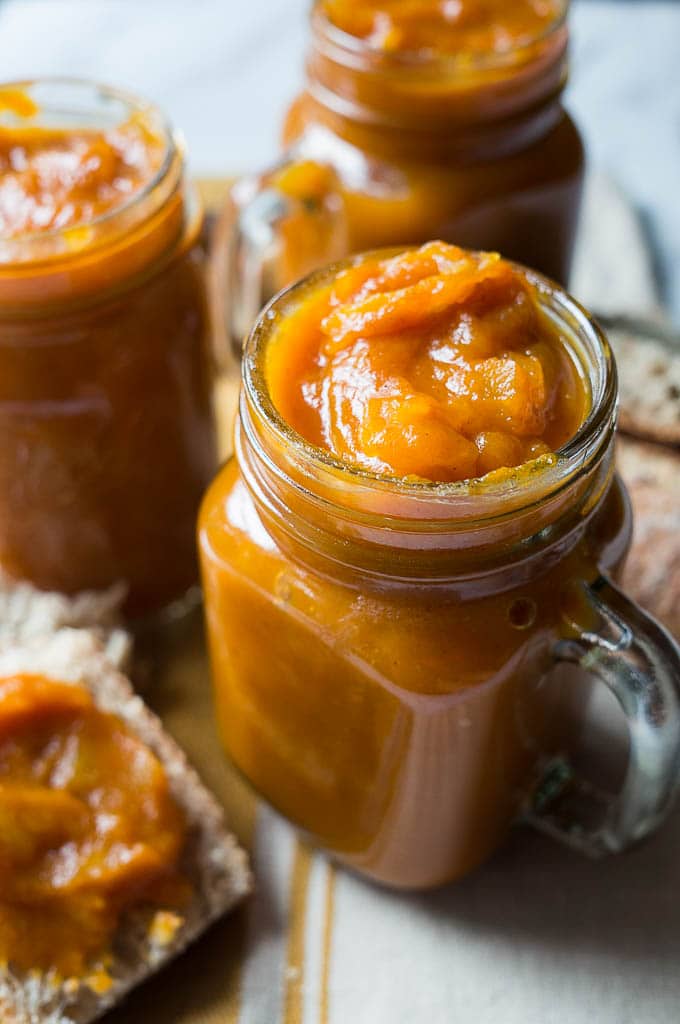 Pressure Cooker Spiced Pumpkin Apple Butter in canning jars