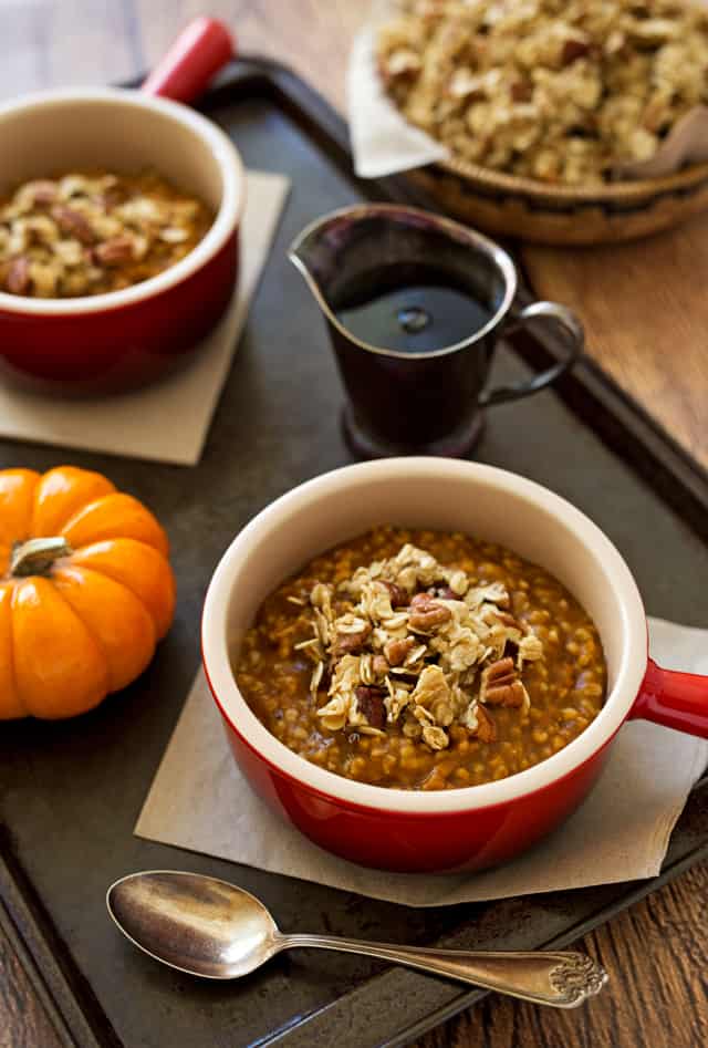 Pressure Cooker Pumpkin Steel Cut Oats topped with a sweet, buttery pecan pie granola. A fiber filled breakfast made with pumpkin and warm fall spices.