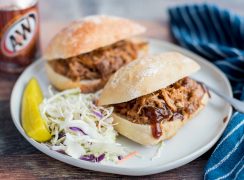 Instant Pot / Pressure Cooker Root Beer Pulled Pork sandwiches plated and ready to serve