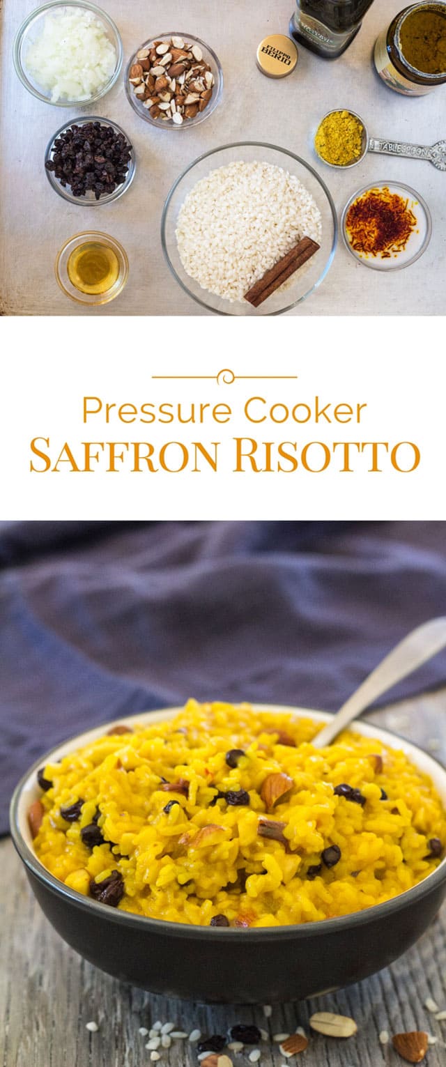 titled photo collage of saffron risotto, made in a pressure cooker