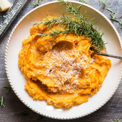 Pressure Cooker (Instant Pot) Savory Mashed Sweet Potatoes served in a white bowl