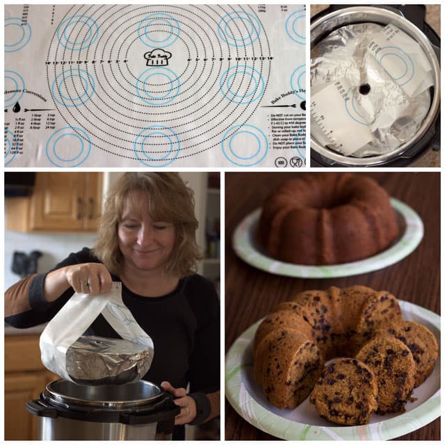 collage showing a woman using a silicone sling to get a pan out of the pressure cooker. 