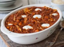 Pressure Cooker (Instant Pot) Sloppy Lasagna Recipe in a white baking dish