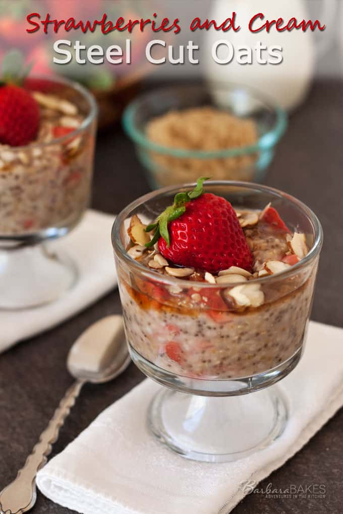 Strawberries and Cream Steel Cut Oats - Steel cut oats toasted in butter, cooked in the pressure cooker until they\'re tender, then mixed with sweet, sliced strawberries and chia seeds, served topped with brown sugar, almonds and a splash of cream. 