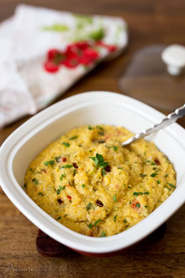 Polenta is an Italian corn porridge with a grits-like consistency, it’s gluten-free. This version is flavored with fresh herbs and sweet sun-dried tomatoes.