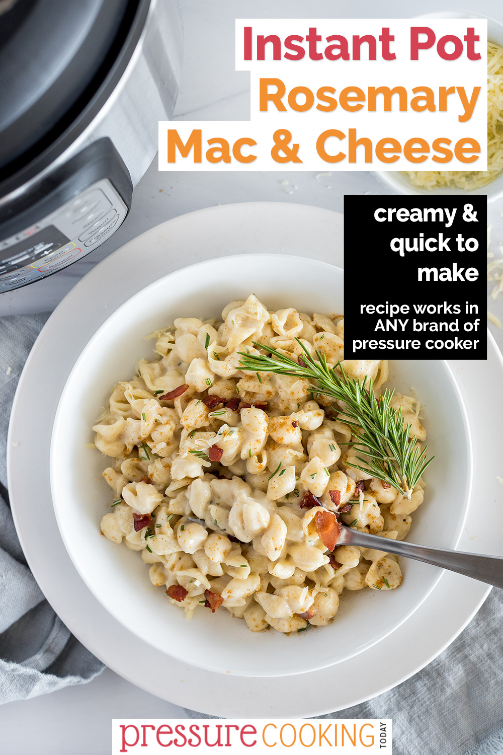 Instant Pot Mac and Cheese made with rosemary and bacon is an easy meal for grown-up tastes with Gruyere cheese, fresh herbs, and bacon on top. Plus your kids will love it too! via @PressureCook2da