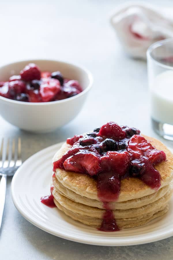 A luscious Pressure Cooker Triple Berry Rhubarb Pancake Sauce. It\'s tart and sweet and super easy to make.
