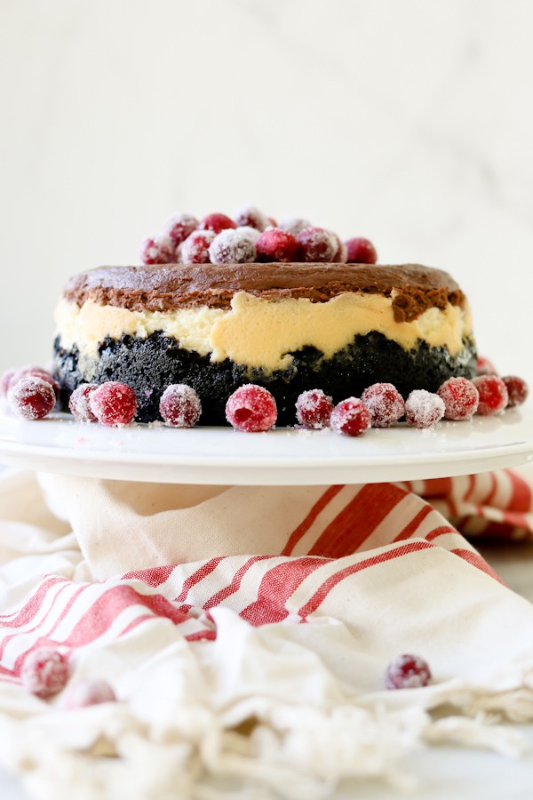 Triple Chocolate Layered Cheesecake garnished with sugared cranberries on a white cake stand