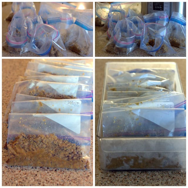 A collage of freezer bags filled with ground turkey and a lentil taco filling that was made in a pressure cooker