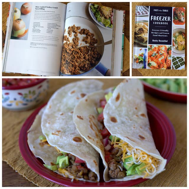 photo collage- cookbook of freezer friendly meals on top of the collage and pressure cooker lentil and ground turkey tacos on the bottom