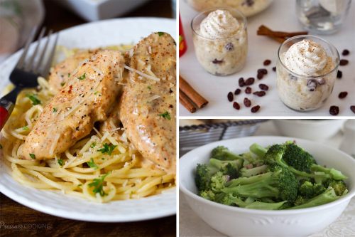 collage chicken lazone, rice pudding, and broccoli