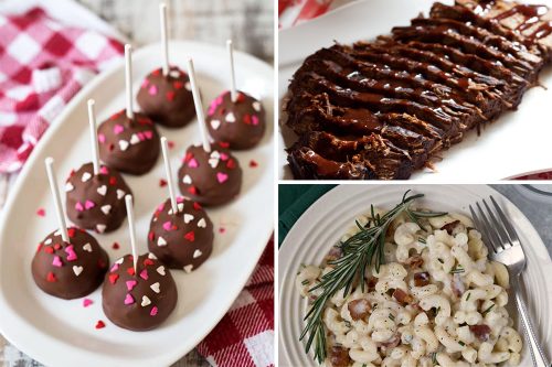 collage of cheesecake pops, brisket, mac and cheese