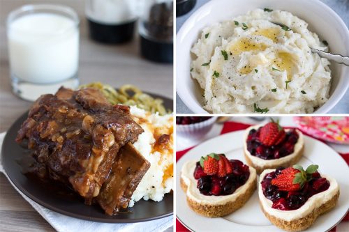 collage of short ribs, mashed potatoes, mini cheesecakes