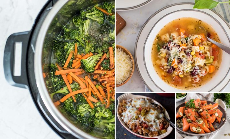 a collage of four images that feature Instant Pot recipes with vegetables. the left features an overhead shot looking into a pressure cooker pot filled with broccoli, carrots, and spices, the top right image features a bowl of garden minestrone soup, the middle right features a serving dish of green pepper casserole, and the bottom right features glazed carrots