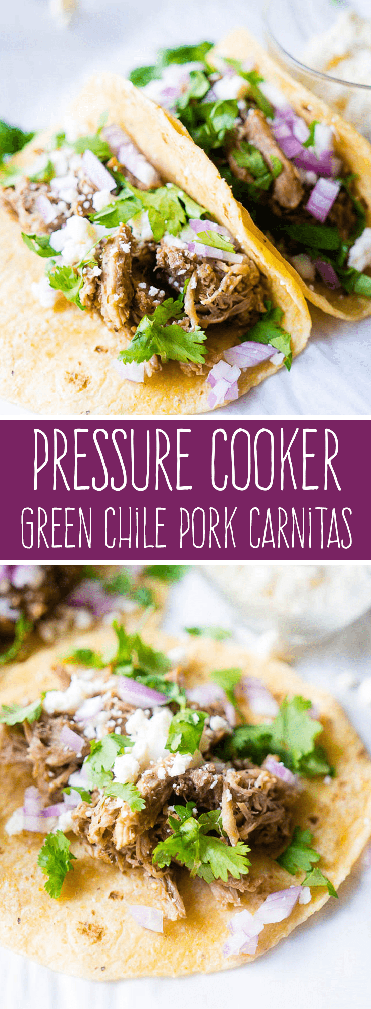 Green chile pork carnitas made in an Instant Pot come out flavorful, moist, and perfectly tender every time, and in minutes, not hours! This Pressure Cooker Green Chile Pork Carnitas recipe is the perfect solution for a speedy family friendly dinner! #instantpot #pressurecooker #mexicanfood #carnitas via @PressureCook2da